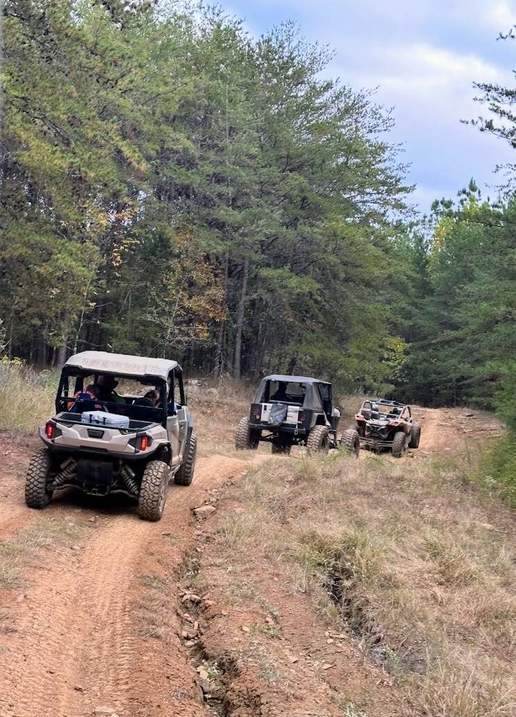 Side-by-sides on a wooded trail